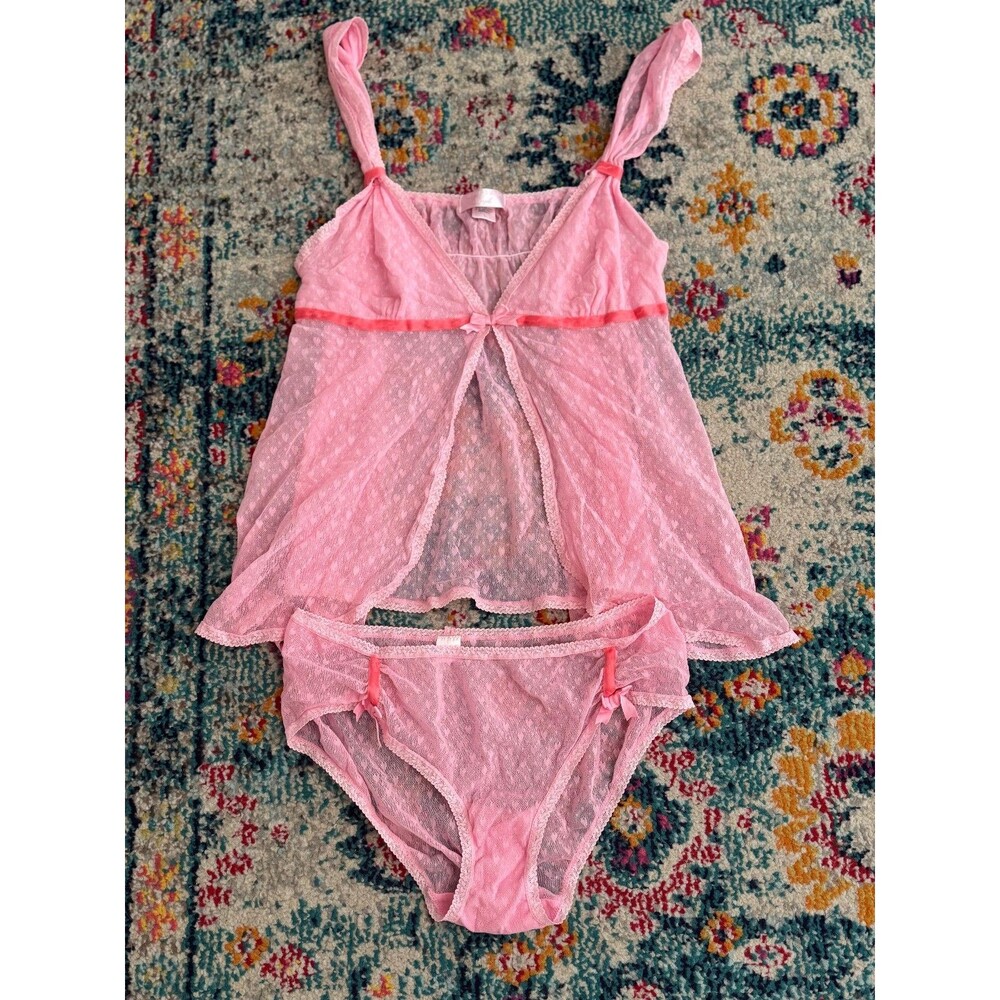 Vintage Y2K Victoria's Secret Angels Pink Mesh Heart-print Babydoll Cami Set L